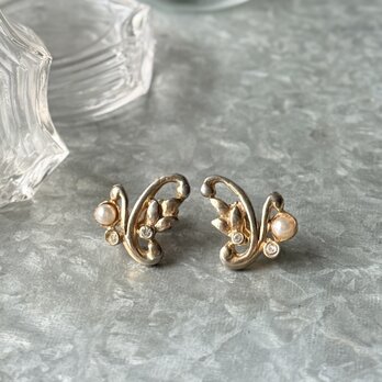 Y1230-ヴィンテージイヤリング Gold Tone Botanical Faux Pearl Rhinestones