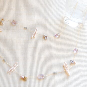 再販　ピンクアメジストとスティックパールの春のネックレス１４kgf