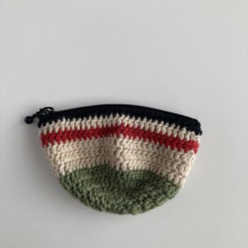WOOL!かぎ針編みのポーチ*若草色×赤×きなり*ラウンド