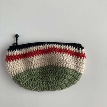 WOOL!かぎ針編みのポーチ*若草色×赤×きなり*オーバル
