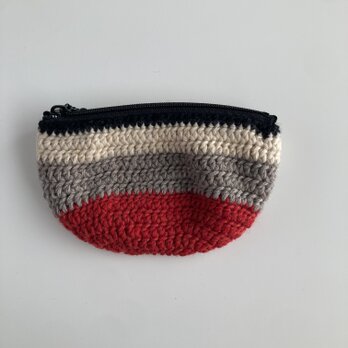 WOOL!かぎ針編みのポーチ*黒×赤×グレーベージュ×きなり*オーバル