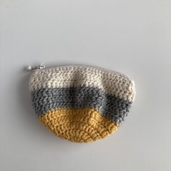 WOOL!かぎ針編みのポーチ*オフホワイト×黄×グレー*ラウンド