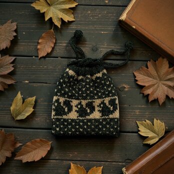 リスの手編みミニ巾着/濃みどり