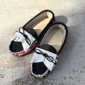 サイケデリック柄・フリンジモカシンシューズ・スリッポン・ローファー・オフシーン　MADE IN JAPAN