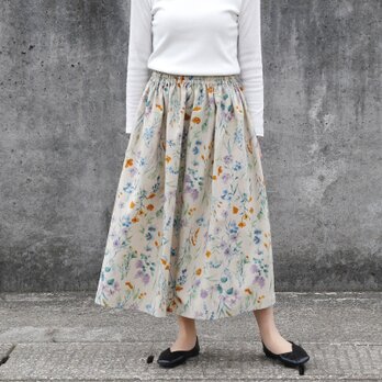 ★新作 上質・綿麻生地 水彩画風 ボタニカル・ガーデン ギャザースカート（ナチュラル）リネン 麻 ロング マキシ ポケット