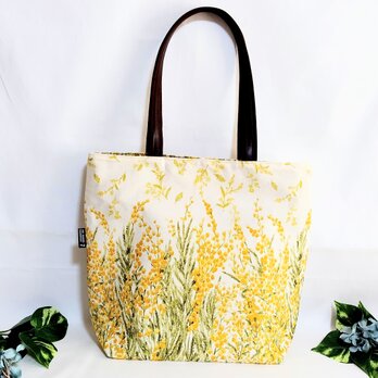 舞うミモザの花 肩掛けトートバック(生成り)