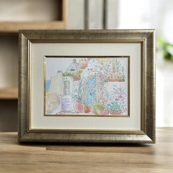 イアの小道(ギリシャ、サントリーニ島、原画、透明水彩、額付き)