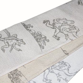 正絹半幅帯｜銀箔モク糸×捺染「鳥獣戯画」