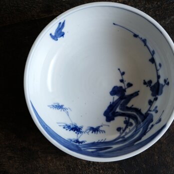 余白が素敵◆鳥と梅。時代染付七寸大鉢　碗　骨董/antiques　古道具　古民家　明治〜大正時代