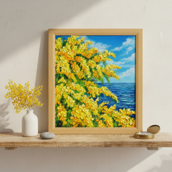【一点物】油彩画「ミモザの海」光り輝く海とミモザの共演