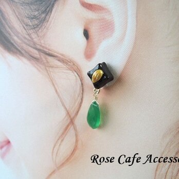 （1425）とっても可愛い～ボンボンショコラ＆グリーンオニキス✨ペアシェイプブリオレットカット✨ポストピアスORイヤリング