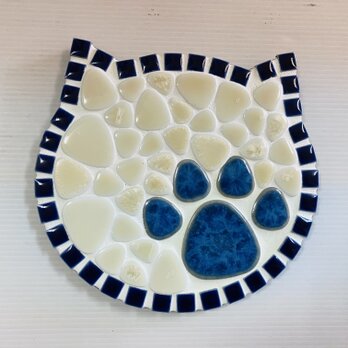 鍋敷：猫顔柄～ネイビータイル枠&ブルー肉球