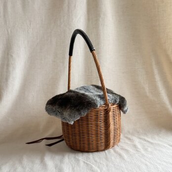 【セット商品】ラタン（籐）の手編み　バケツ型かごバッグ/インナーバック・ファーカバー付き