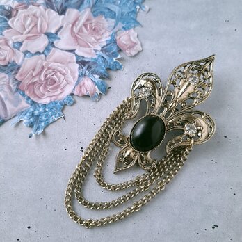 fleur-de-lis black cabochon rhinestone chain dangle ヴィンテージブローチ