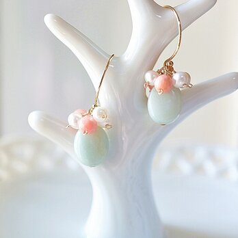 14kgf＊アマゾナイト(オーバルカット)×サンゴのミルキーカラーピアス