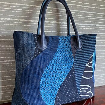 古布切り嵌め手提げ　本革の手