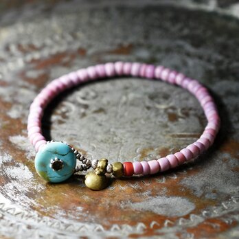 アンティークピンクマサイ、金赤ホワイトハーツのブレス（ターコイズ留め金）