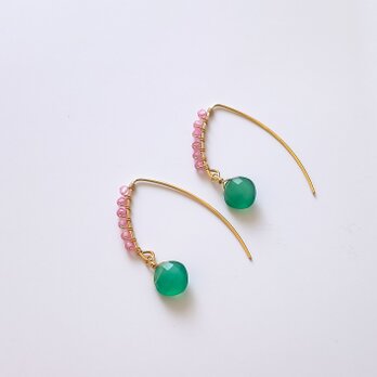 14KGF ピンクトパーズとグリーンオニキスのマーキスフックピアス