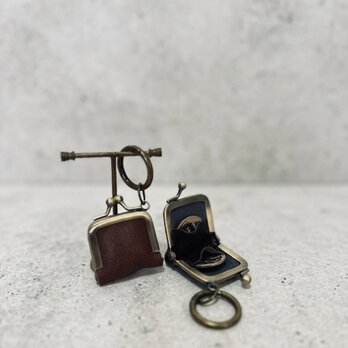姫路レザーminiminiコインケース◆焦げ茶　革財布　キーホルダー　小物入れ　バックチャーム　がま口　リングケース