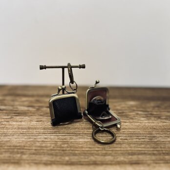 姫路レザーminiminiコインケース◆黒　革財布　キーホルダー　小物入れ　バックチャーム　がま口　リングケース