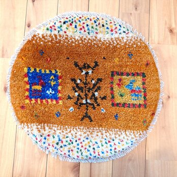 ペルシャ　ギャッベ ミニマット 円形　ラグ　約40Φ40cm　茶色 パネル柄　鹿　生命の木　Z2801