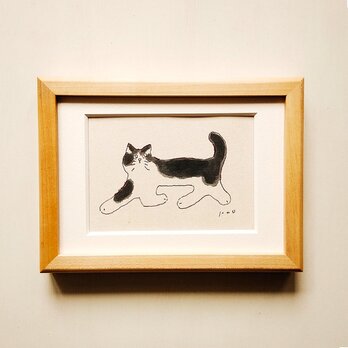 【一点物 原画】「猫∣ドローイング」 2L木製額縁入り・ペン画・水彩・インテリアアート・猫の絵