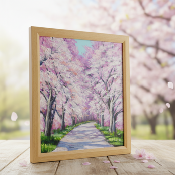 満開の桜のトンネル 油絵【原画】 一点物 春 桜並木 油彩画 絵画