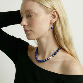 上品なブルー ラピスラズリ ネックレス ｜K18ゴールド + シルバー925｜天然石×淡水パール｜北欧ミニマル