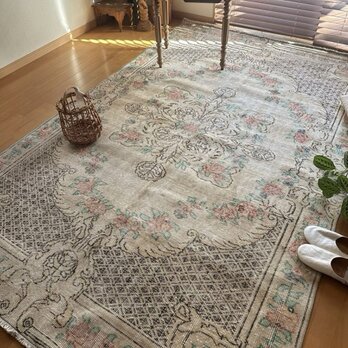 大判　163×258 花柄メダリオン　ナチュラルベージュ　トルコヴィンテージラグ