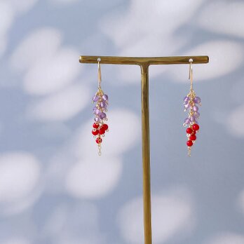 14KGF ピンクアメジストとレッドコーラルのチェーンピアス イヤリング