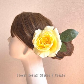 黄色い薔薇と葉っぱの髪飾り　花径12cm　フラメンコ　フローレス　ダンス　花　ダンス　花　ローズ　イエロー　バラ　髪飾り