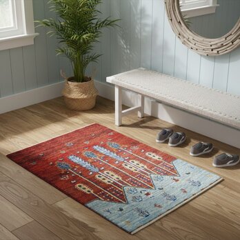 ペルシャ　ギャッベ　ゾランヴァリ　コルクウール　カシュクリ　98x66cm　赤色　水色　花　遊牧民　RJ14842