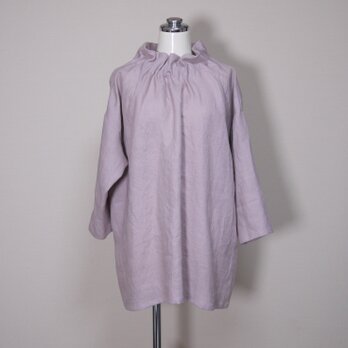 カラーリネン◆フラワーネックブラウス（七分袖）◆オールドモーブ◆フリーサイズ（中厚、リネン100％）