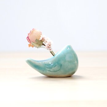 小鳥の花挿しオブジェ トルコブルー ＊ ドライフラワー付き