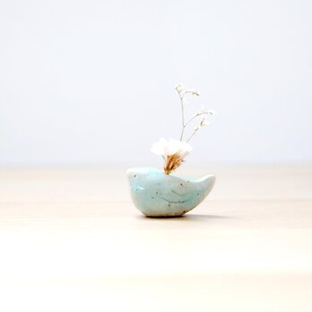 小鳥の花挿しオブジェ 水色ガラス ＊ ドライフラワー付き