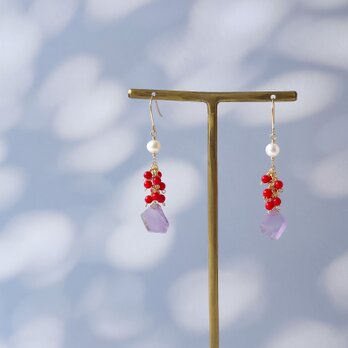 14KGF ラフカット アメジスト レッドコーラル 淡水パール ピアス イヤリング