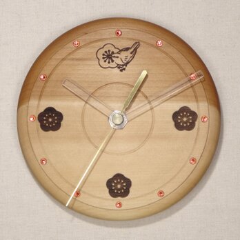 木の時計　梅とウグイスの焼絵