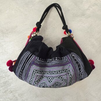 ヴィンテージ 民族刺繍　藍染ハンドバッグ　★　モン族