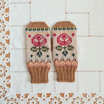 ROSE柄ミトン～キャメルXレッド