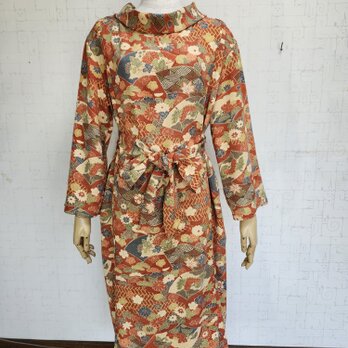 小紋リメイク　ロールカラーワンピース