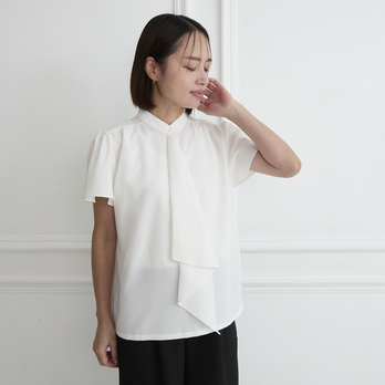 式典〜普段着も◎ 結ばず決まる 洗えるボウタイブラウス ショートスリーブ　シワになりにくい ホワイト　0567WH