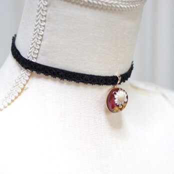 【受注製作】レジンアート　ラウンドモチーフとタティングレースとベルベットリボンのチョーカー〈花の刻・ボルドー〉