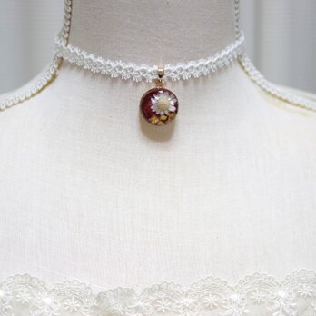 【受注製作】レジンアート　ラウンドモチーフとタティングレースとサテンリボンのチョーカー〈花の刻・ボルドー〉