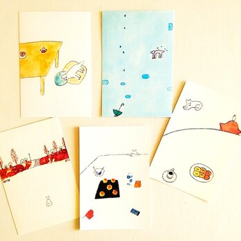 【白い犬（いぬ）の絵】ポストカード 5枚セット　・絵葉書・犬イラスト・送料無料