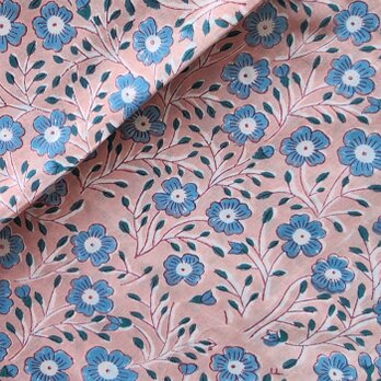インド ブロックプリント生地 [50cm単位切り売り] サンガネリ ブルーフラワーonピンク SA 花 IF0454