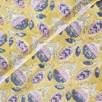 インド ブロックプリント生地 [50cm単位切り売り] サンガネリ ブルーフラワーonライムイエロー 花 IF0455