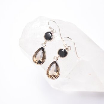 スモーキークォーツとブラックスピネルのシルバーピアス　シルバー925　天然石