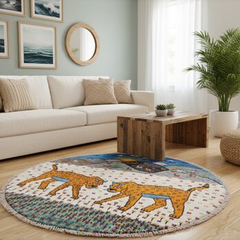 ペルシャ　ギャッベ　アマレバフト　円形　ラグ　100Φ100cm　風景　2匹のヒョウ　シラーズ山脈　ヤギ　羊　RJ16795