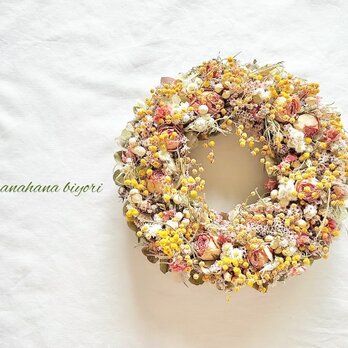 ミモザとミニ薔薇のドライフラワーリース ひな祭りにも