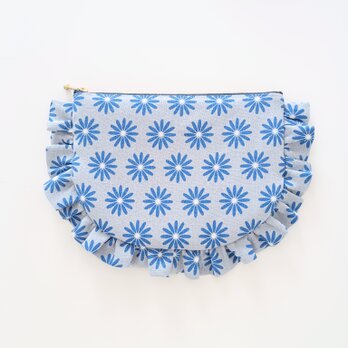 リトアニアリネンのフリルポーチ 20cmファスナー フラットポーチ マーガレット 花柄 ギフト 大人可愛い 上品 ブルー